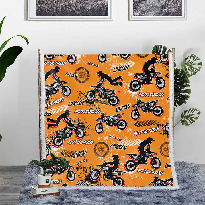 Personalised Plush Sherpa Blankets Orange Motocross Personalised Blanket