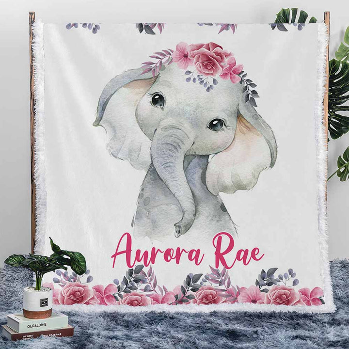 Personalised Plush Sherpa Blankets 75x100cm / Red Flower Baby Elephant - Floral Personalised Blanket