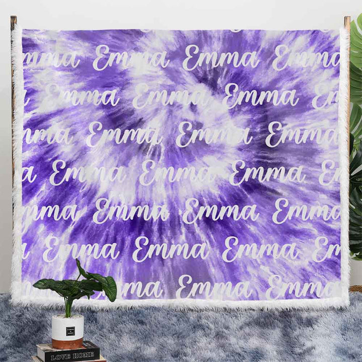 Personalised Plush Sherpa Blankets Purple Tie Dye Name Personalised Blanket